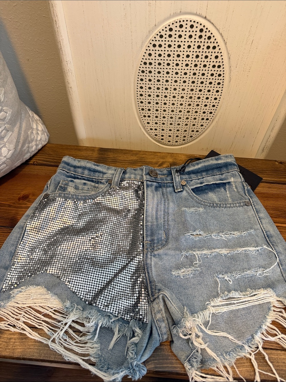 UNIF Light Wash Distressed Jean Shorts with Silver Sequin Panel Sz 25 new